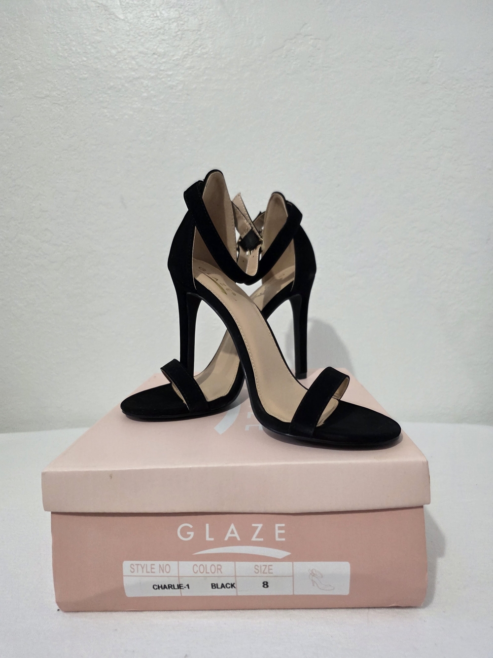 Glaze Black Suede High Heel Ankle-Strap Sandals Size 8